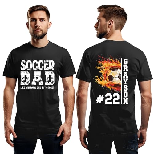 Personalized Soccer Dad Shirt with Fire – White Shirts Soccer Dad for Men - Front and Back Dad Soccer Shirts for Men Soccer Dad Gifts - Soccer Dad Shirts Men – Custom Name and Number2