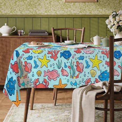 Mantel rectangular con diseño de peces, diseño de estrellas de mar náuticas, coral, verano, azul, poliéster, reutilizable, lavable, para organizar fiestas, artículos esenciales para cocina, comedor