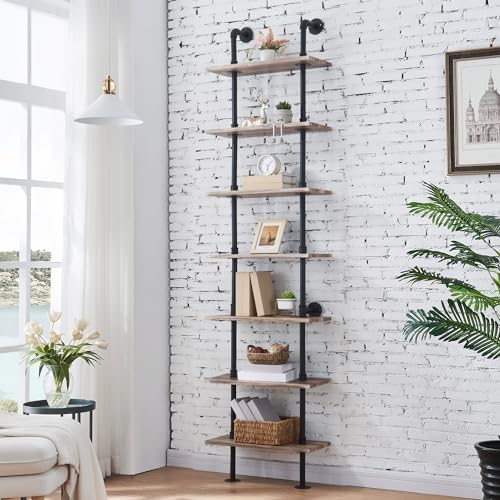 HOMBAZAAR Industrial Pipe Bookshelf,7 Tier Pipe Shelving,Wall Mounted Ladder Shelves with Metal Frame for Home Office,Living Room,Oak Brown
