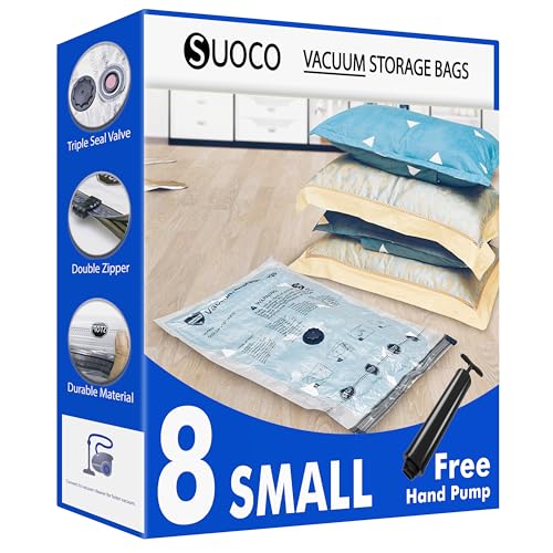 SUOCO Bolsas al Vacío Ropa, Juego de 8 Bolsas (8S) con Bomba de Mano, Bolsas de Almacenaje al Vacío para Ropa y Edredones, Viaje y Hogar, Resistente y Reutilizable