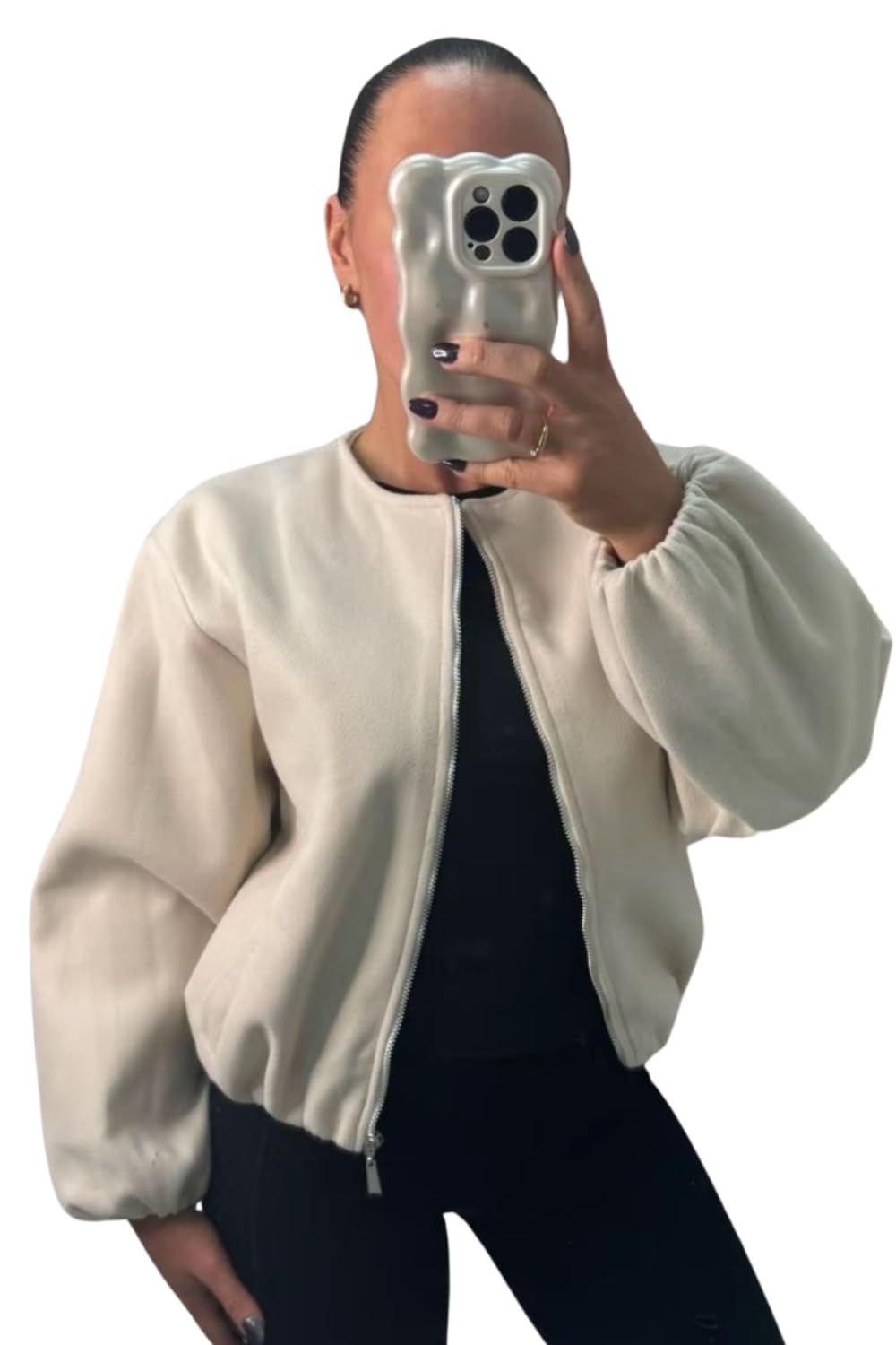 Women's Balloon Sleeve Zipper Bomber Jacket, Ladies Women's Balloon Sleeve Zipper Bomber Jacket, Ladies