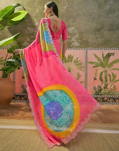 Image of SIRIL Women's Chiffon Scalloped Border Sequins Embroidery Saree with Unstitched Blouse Piece