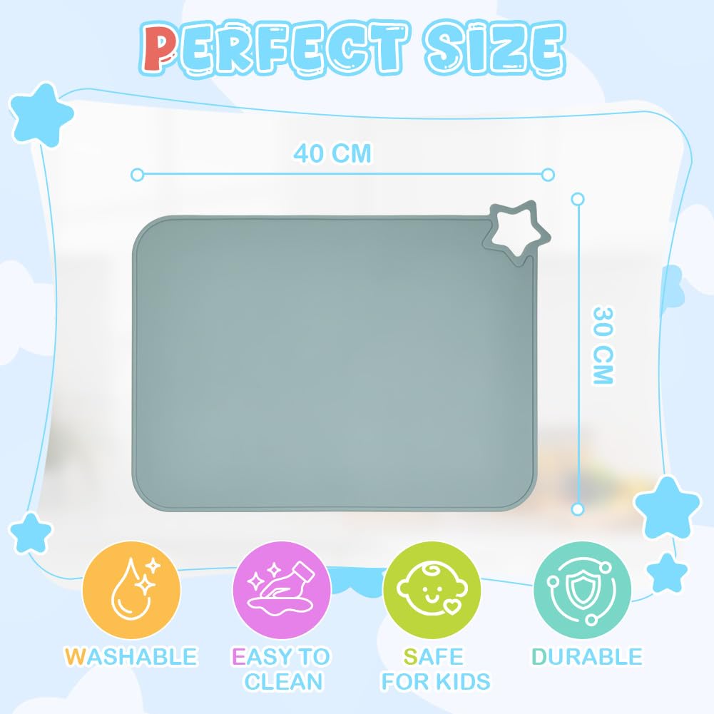 2 Piezas Manteles de Silicona para Bebé, Mantel Individual Infantil, steras de Alimentos portátiles Resistentes, Lavable Antideslizante Portátil Sin BPA Resistente a La Suciedad, Azul/Verde