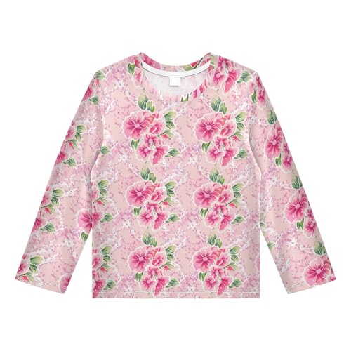Floral Blossom Leaves Pink Boy's Rash Guard Swim Shirt Long Sleeve Sun Shirt for Kids Toddlers UPF50+ 4T