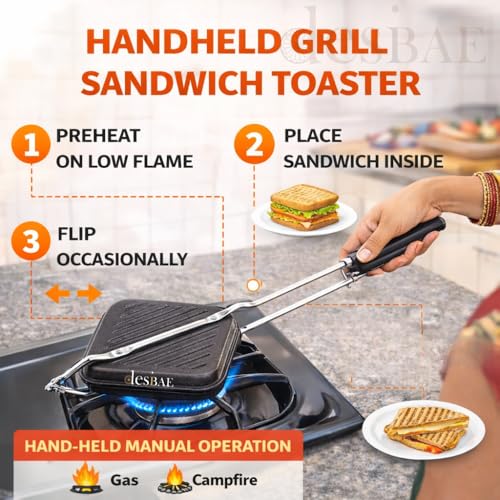 Image of Non-Stick Sandwich Toaster for Gas Stove | Grill & Toast Sandwiches in Minutes | Double-Coated Non-Stick | Durable & Easy to Use | Black Sandwich Maker | Heavy-Duty Cast Aluminum Body | (Grill)