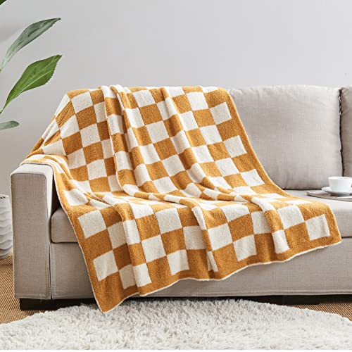 Image of CozeCube Orange White Reversible Checkered Knit Throw Blanket 60 inchx80 inch