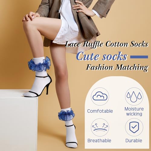 Image of Geyoga 3 Pairs Women Big Ruffle Socks Turn Cuff, Double Lace Ankle Cotton Frilly Socks for Ladies Summer