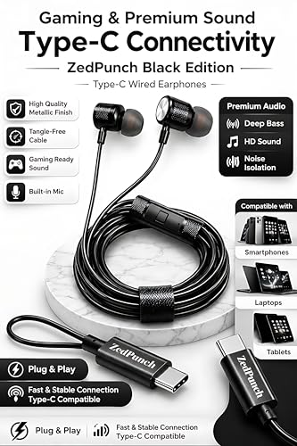 Image of ZedPunch Gaming Type-C Wired Earphone with Mic, 10mm Dynamic Bass Driver, Magnetic in-Ear Headphones, Low Latency Sound for Gaming, 1 Button Control, HD Calling, Voice Assistant (Black)