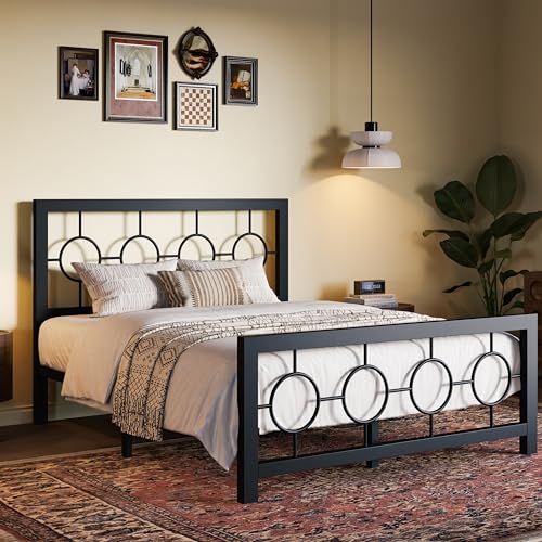 SHA CERLIN Full Size Metal Bed Frame with Vintage Headboard and Footboard - No Box Spring, Easy Assembly, Noise-Free, Black