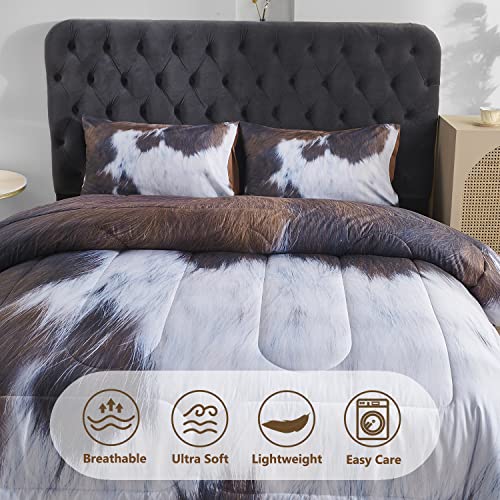 Perfemet Cow Print Comforter Set Queen Size, Highland Cowhide Rustic Farmhouse Bedding Set, Western Farm Animal Fur Pattern Cowboy Duvet Set, (Brown White) #TOP3