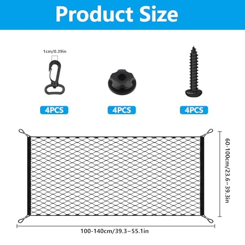 RUGLAMZHIP Gepäcknetz Auto Kofferraum Netz, 110 x 60 cm Kofferraumnetz, Elastisch Gepäcknetz Wohnmobil, Elastisches Gepäckfixierung Spannnetz Trennnetz mit 4 Haken für Meisten Fahrzeugtypen Cargo