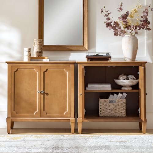 Image of Accent Storage Cabinet with Adjustable Shelf, 2-Doors Transitional Sideboard Buffet with Solid Wood Legs & Vintage Metal Knobs for Living Room or Kitchen, Hallway, Teak
