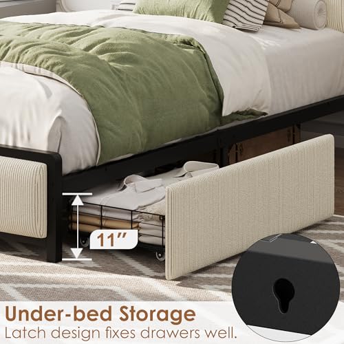 Image of GAOMON Twin Size Bed Frame with 2 Storage Drawers and Charging Station, Rustic Velvet Upholstered Platform Bedframe with Storage Headboard, No Box Spring Needed, Easy Assembly, Noise Free, Beige