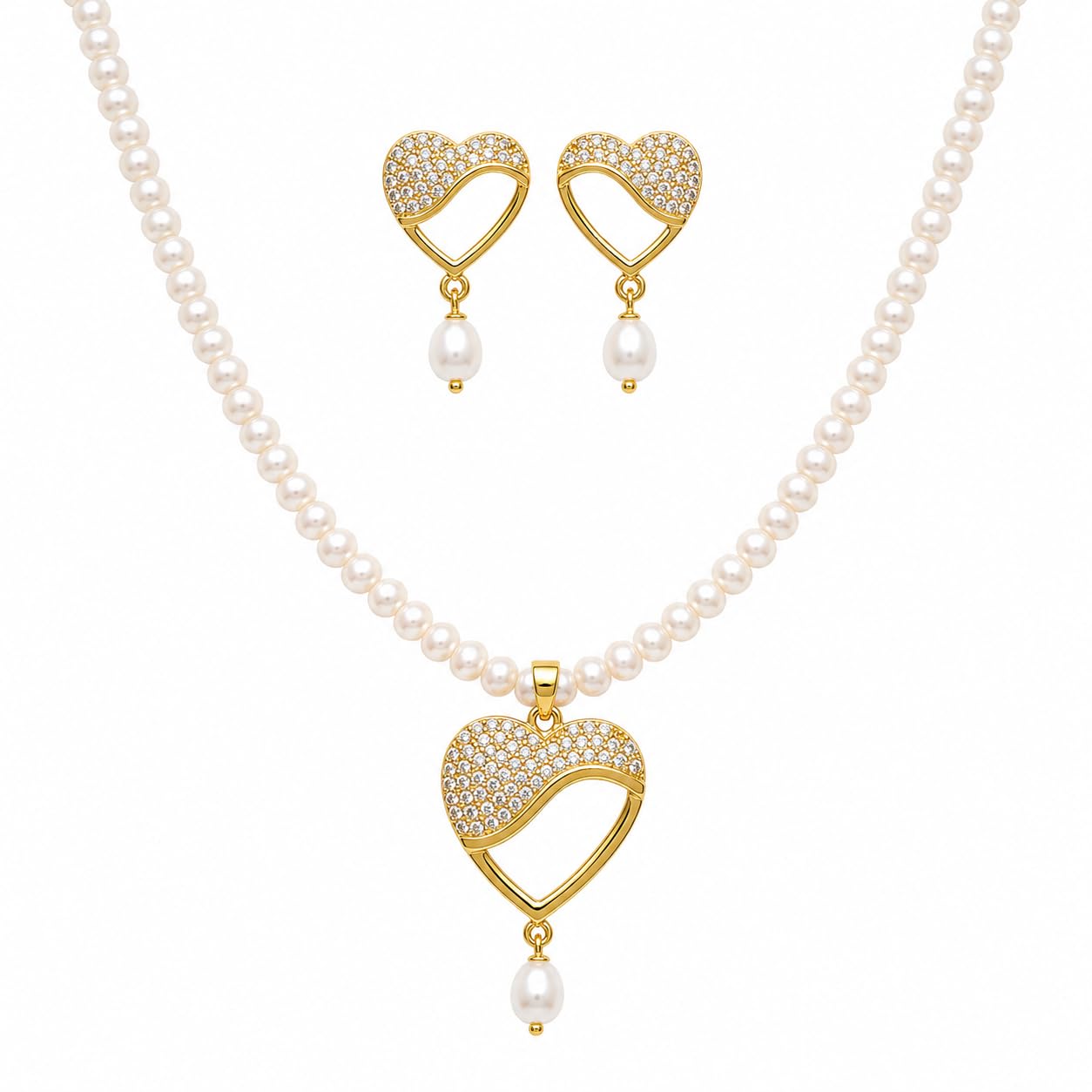 Heart Design Gold Plated Pearl Pendant Set for Women | White 3mm Pearl Necklace with Earrings | CZ Studded Romantic Jewellery | Hypoallergenic | 24 cm Chain (S0003A)-image-10