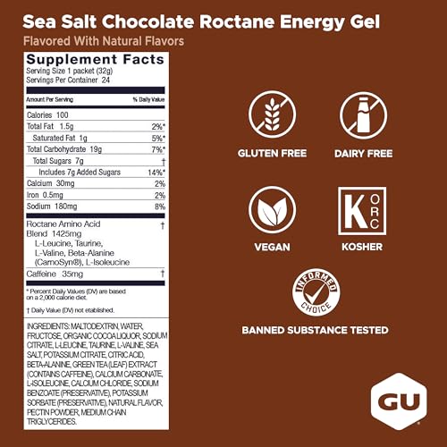 Image of GU Energy Roctane Ultra Endurance Energy Gel, Vegan, Gluten-Free, Kosher, and Dairy-Free On-The-Go Sports Nutrition for Running, Biking, Hiking or Skiing, Sea Salt Chocolate, 24-Count