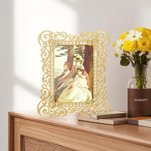 Image of DUENPY Metal 5x7 Photo Frame HD Glass Gold 1 Pack | Luxury Golden Metal Frame, Elegant Desktop Ornament, Perfect for Photo Display and Holiday Gifting
