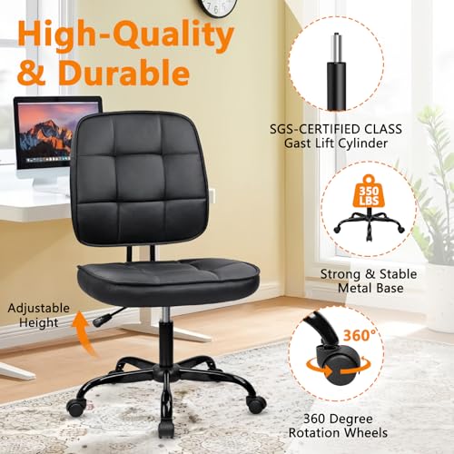Image of CLATINA Armless Home Office Chair with Lumbar Support and Wheels, Small PU Leather Ergonomic Low Back Desk Chairs No Arms, Adjustable Height 360 Swivel Rolling Computer Task Chair, Black