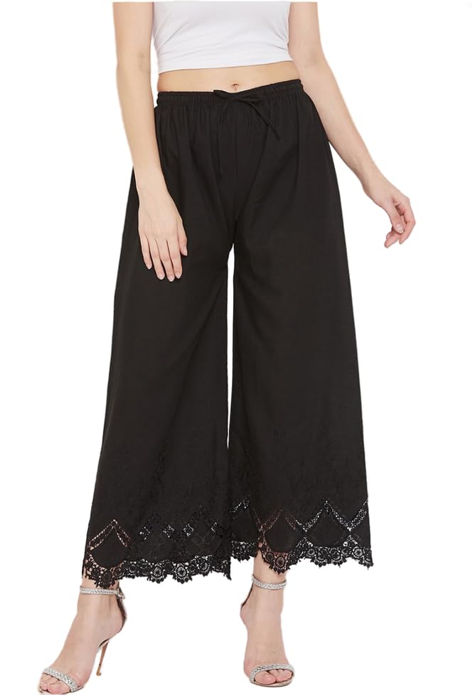 TNQ Women Cotton Applique Embroidered Work with Lace Palazzo || Cotton Chicken Pants Trouser for Women