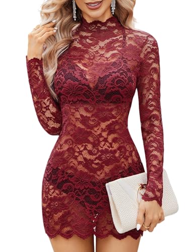 Avidlove Women's Long Sleeve Lace Floral Elegant Cocktail Dress Mock Neck Mini Dress for Party Wedding Guest Bridesmaid Dresses Wine Red M