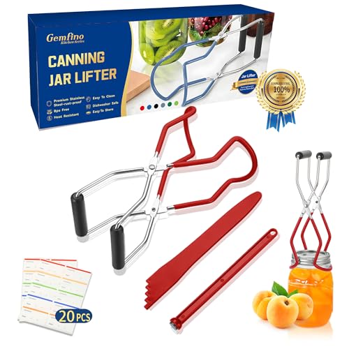 Canning Jar Lifter Tongs with Jar Lid Lifter Magnetic Lid Lifter Canning Bubble Popper Bubble Remover and Canning Labels for Canning Supplies Starter Kit 4Pcs Canning Tools-Red