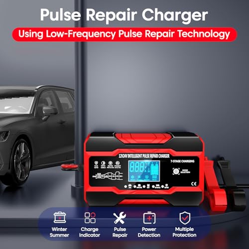 Image of Sounce 10-Amp 12V & 24V Fully Automatic Smart Car Battery Charger: Battery Maintainer, Trickle Charger & Desulfator with Intelligent LCD Display, Advanced Repair Mode - Compatible with AGM, Gel, SLA
