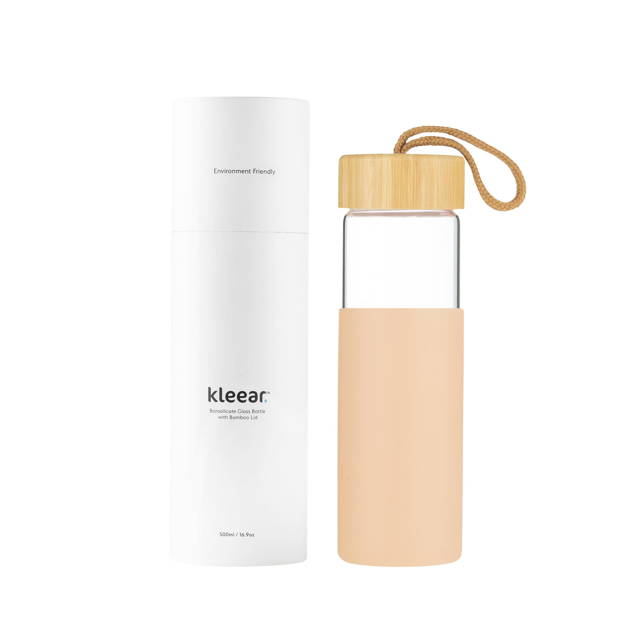 Kleear Peach Borosilicate Glass Water Bottle With Protective Silicone Sleeve, Bamboo Lid And Carrying Loop | Office, Yoga, Gym, Exercise, Travel Friendly, 500Ml, Leakproof, Bpa-Free, Dishwasher Safe.(Peach)