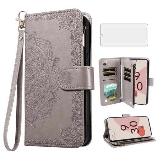Coque Google Pixel 6 grise avec étui portefeuille et protection d'écran en verre trempé