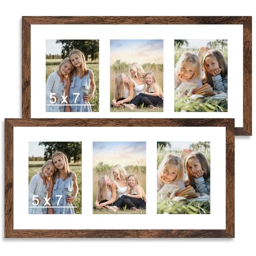 QOTIB 10x20 Picture Frame Set of 2 Display 3 Pcs 5x7 Picture Collage with Mat or 10 x 20 without Mat Three 5x7 Picture Frame Collage for Wall Hanging 5 by 7 Multi Frame 2 Pack Deep Brown