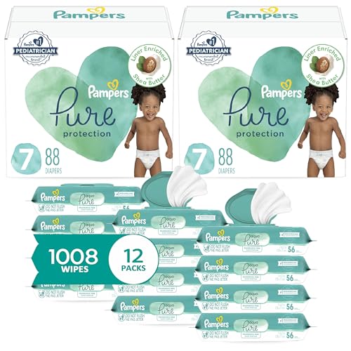 Image of Pampers Pure Protection Disposable Baby Diapers Size 7, 2 Month Supply (2 x 88 Count) with Aqua Pure Baby Wipes, 12X Pop-Top Packs (672 Count)