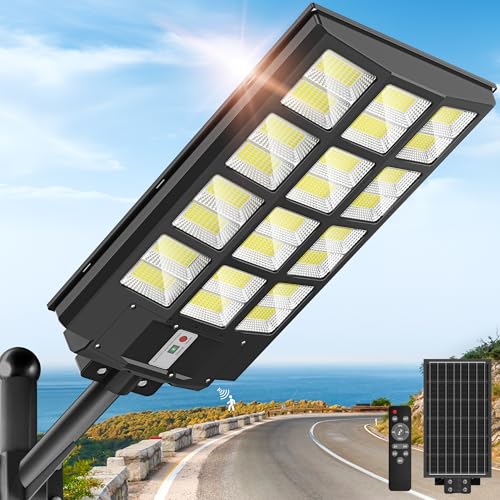 8000W Solar Lights Outdoor - 7000K Solar Street Lights Outdoor, Commercial Solar Parking Lot Lights IP66 Waterproof Dusk to Dawn, Security Flood Lights with Motion Sensor for Yard, Basketball Court