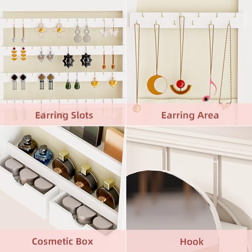 44'' Full Length Mirror Jewelry Cabinet, Lockable Wall-Mount or Door Hanging Jewelry Armoire with Interior Led Mirror & Storage Shelf, White 6