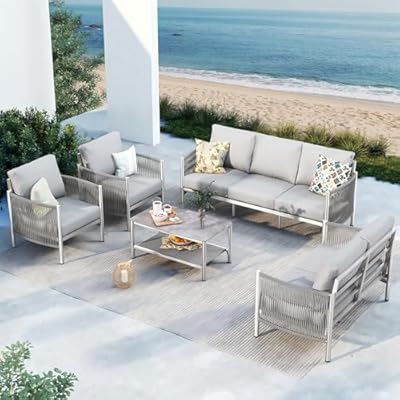 Oasbira Aluminum Outdoor Patio Furniture Set with Upgraded PE Rope, 5 Piece Patio Conversation Sets with Coffee Table, Sleek Anodized Frame & Thick Cushions Sectional Furniture for Deck, Yard, Silver
