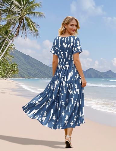 Image of YESNO Women's Summer Maxi Dresses Casual Floral Short Sleeve V Neck Boho Beach Vacation Swing Dress with Pockets EVF