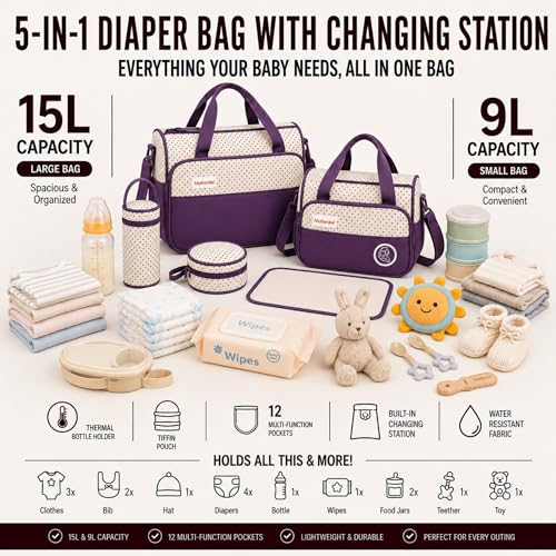 Image of Diaper Tote Bag Set for Mothers for Travel | Shoulder Side Diaper Tote Baby Bag with Changing Station & Insulated Pockets | Waterproof Maternity Diaper Bag for Baby & Mom | 24 L,12 Pockets