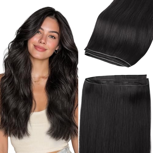 Image of GOO GOO Genius Narrow Edge PU Weft Hair Extensions Human Hair, Invisible Sew in Hair Extensions Human Hair, 1B Natural Black 22 Inch 120g, Seamless Soft Lightweight