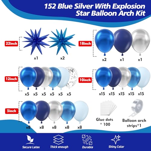 Image of Blue Balloon Arch Kit, 152Pcs Explosion Star Various Blue and Silver Latex Balloon Garland kit Different Size Balloons for Anniversary Birthday Wedding Baby Shower Dark Party Decorations