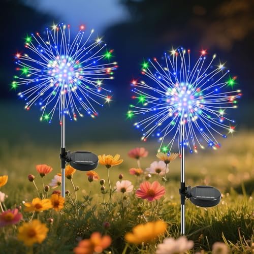 Garden Outdoor Lights, 2 Pack 120 LED Solar Garden Lights Fairy Lights Outdoor Waterproof Decorative Solar Firework Lights for Yard Patio Pathway Flowerbed Party Wedding Decor, Multicolor