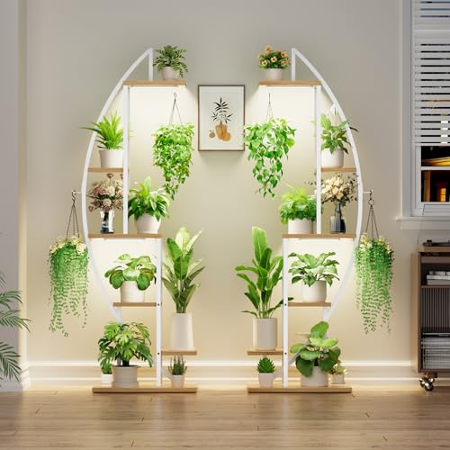 Image of BACEKOLL Plant Stand Indoor with Grow Lights, 6 Tiered Tall Plant Shelf, 63 inch Metal Plant Stand for Indoor Plants Multiple, Half-Moon Plant Rack Display Shelf, 2 Pcs Plant Holder for Living Room, White