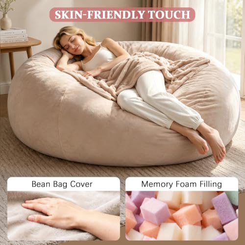 Image of 6FT,jumbo bean bag chair for adults,bean bag with filler included,Comfortable and soft flannel cover, removable and washable, oversized bean bag, suitable for living room and bedroom.(Apricot, 6 Foot)