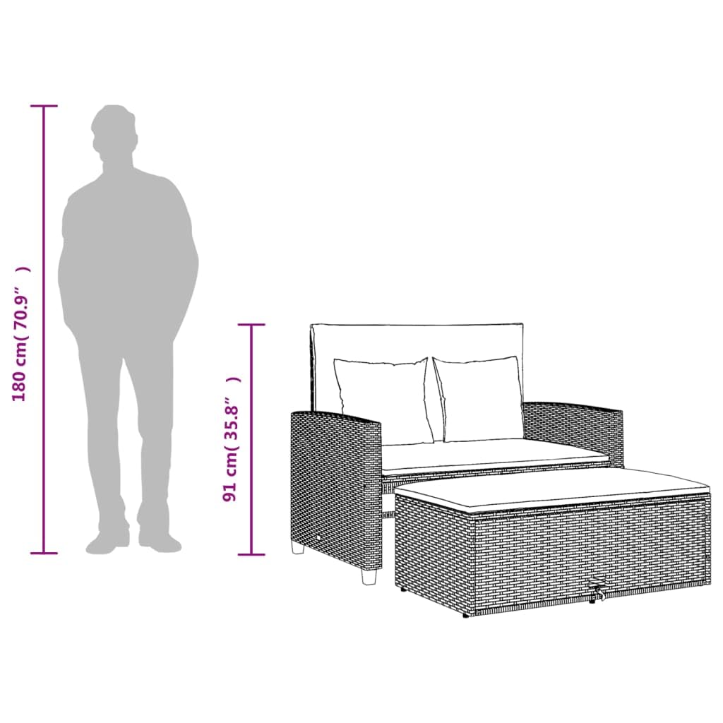 vidaXL Gartensofa mit Kissen 2-Sitzer, Outdoor Sofa mit Hocker mit Staufach, Couch mit abnehmbarm Bezug, Gartebmöbel Gartengarnitur, Schwarz Poly Rattan