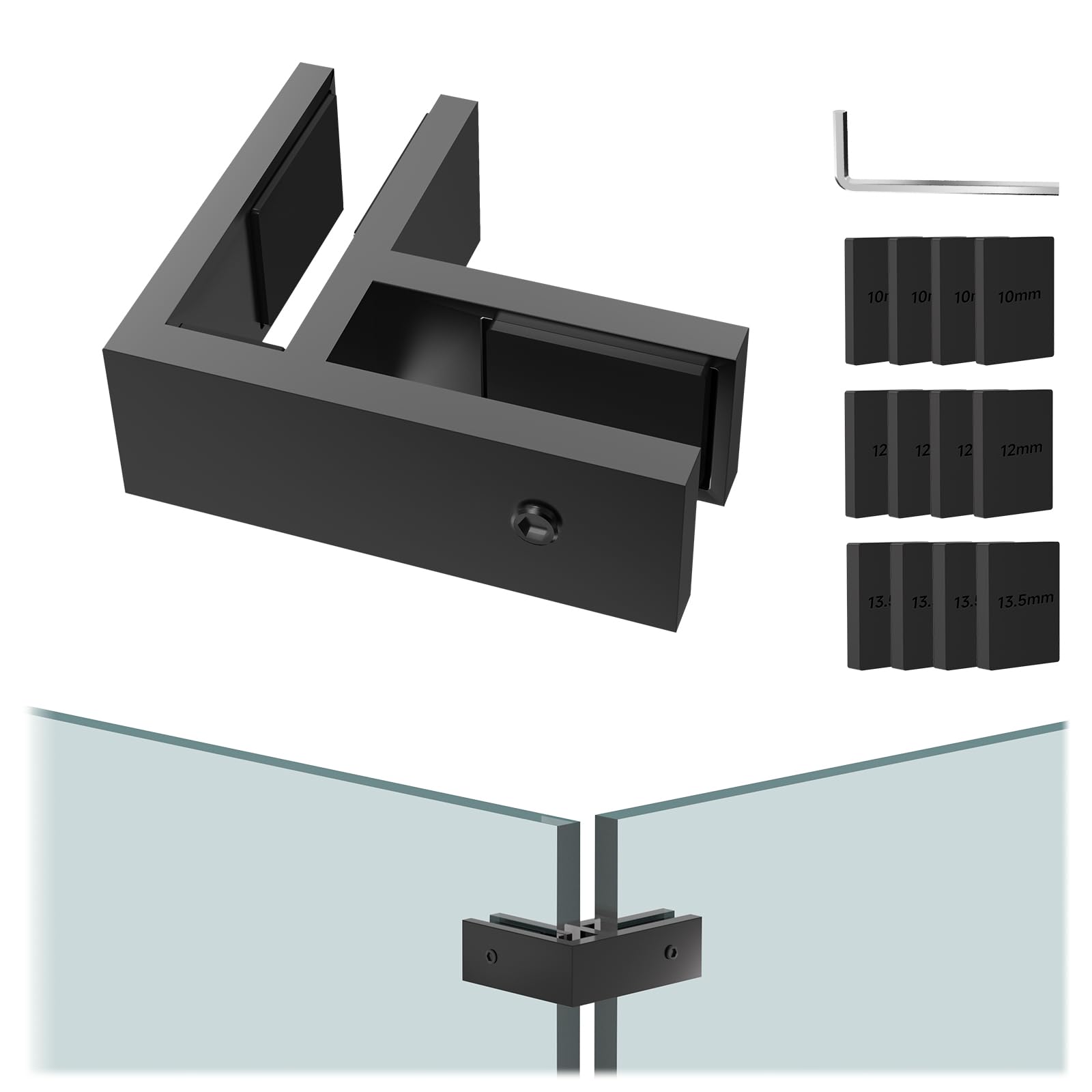 1 Pack Black 90 Degree Railing Glass to Glass Clamp No Drilled Required, T304 Railing Clip Fit for 3/8"-1/2"(10mm-13mm) Thinkness Balustrade, Double Sided Bracket Holder for Fence, Balcony Deck