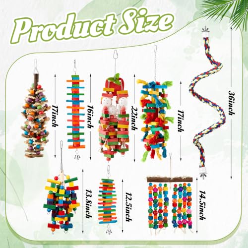 Image of Seenelling 8 Pcs Extra Large Bird Toys for Parrots, Mixed | Multicolored Natural Wooden Blocks & Beads Bells, Bird Cage Chewing Toys for Large Medium Macaws African Grey Cockatoos