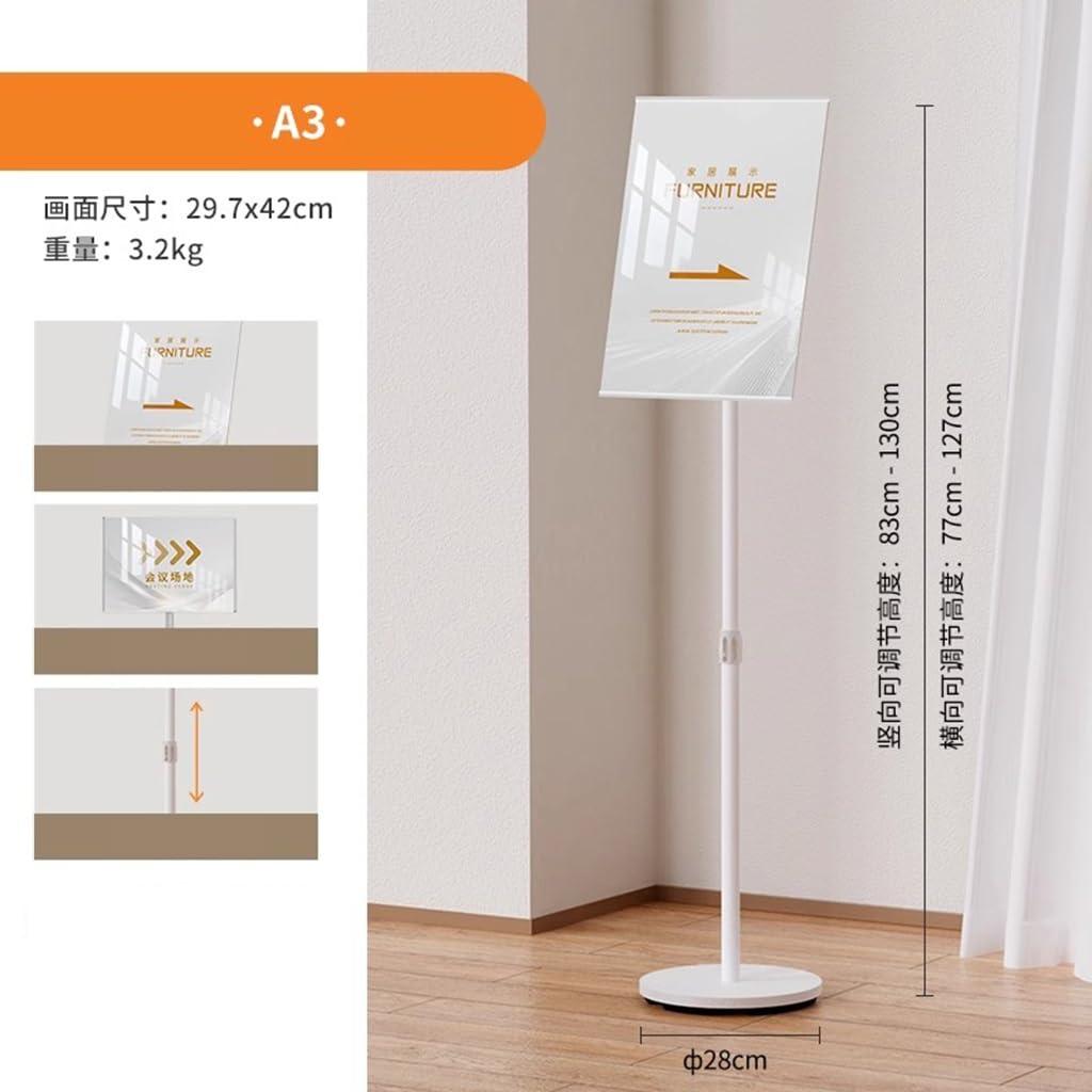 WIGSELBL Support de panneau sur pied en acrylique pour affiche, support réglable pour affichage vertical et horizontal (blanc, A3)