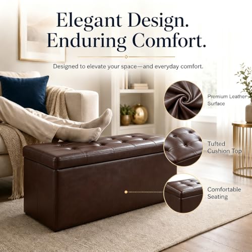 Image of ALASDO 43 Inch Folding Storage Ottoman Bench with Hidden Storage, PU Leather Ottoman Foot Rest Stool, End of Bed Bench for Bedroom, Living Room, Entryway and Closet, Brown