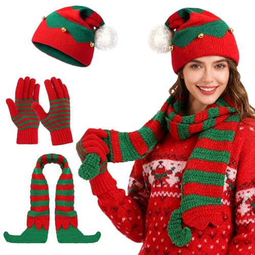 TAGVO Juego de 3 Piezas de Gorro, Bufanda y Guantes de Navidad, Regalo de Invierno, Conjunto de Gorro Tejido de Navidad, Gorro, Bufanda y Guantes de Elfo y Santa para Fiestas