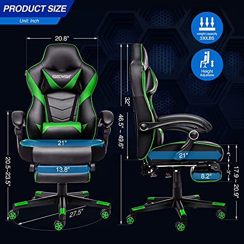 ELECWISH Computer Gaming Chair, Reclining Gaming Chair for Adults, High Back Gamer Chair with Footrest, Headrest and Lumbar Support PU Leather, Green