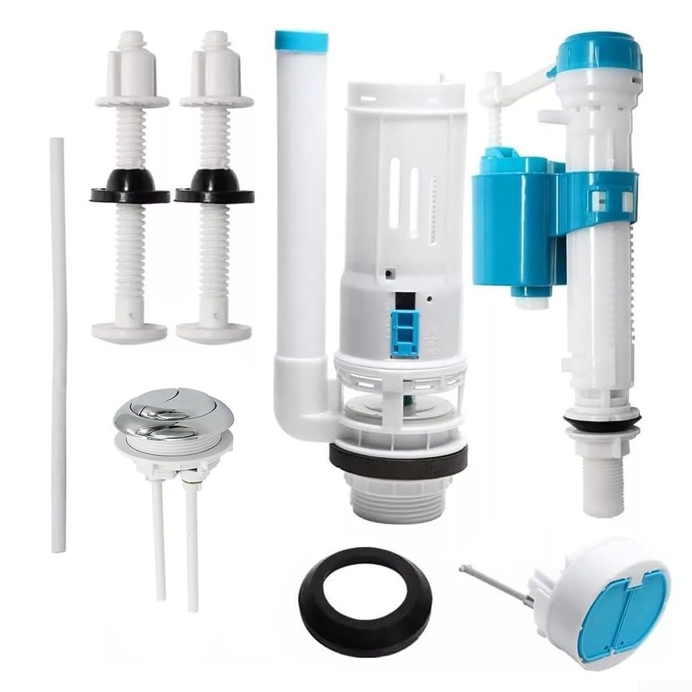 Verstellbares Doppelspül-WC-Spülkasten-Ersatz-Set mit Einlass- und Ablassventil, wassersparender Spülmechanismus und Druckknopf, PP-Material, kompatibel mit Standard-Badezimmer-Tanks, Weiß