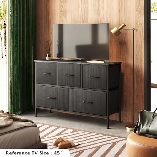 Image of WLIVE Dresser for Bedroom with 5 Drawers, Chest of Drawers, Fabric Dresser, Black Dresser with Fabric Bins for Closet, Living Room, Hallway, Charcoal Black, Size L