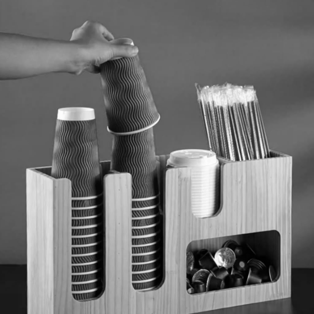 Organizer na kawę, uchwyt na pokrywkę ze stali nierdzewnej, organizer do kawy, akrylowy uchwyt na kubek z papieru, pudełko ze słomką, czarny, 40x10x24 cm, 6 przegródek