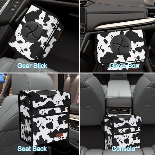 Image of Femuar Leak Proof Car Trash Can with Lid, Collapsible Hanging Waterproof Car Trash Bag with Mesh Pocket for SUV Front Seat Headrest, Large /Cow Print